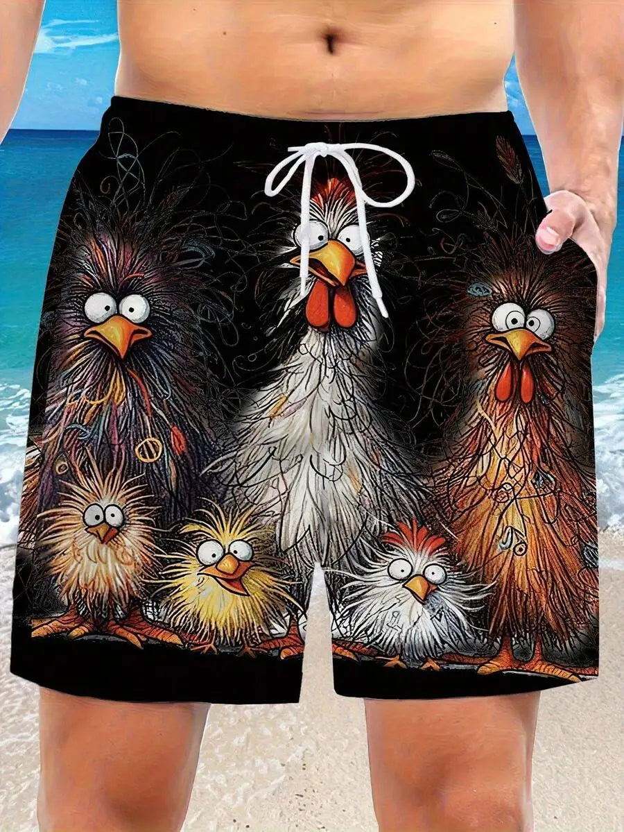 Mens Beach Shorts With Cartoon Chicken Print For Summer