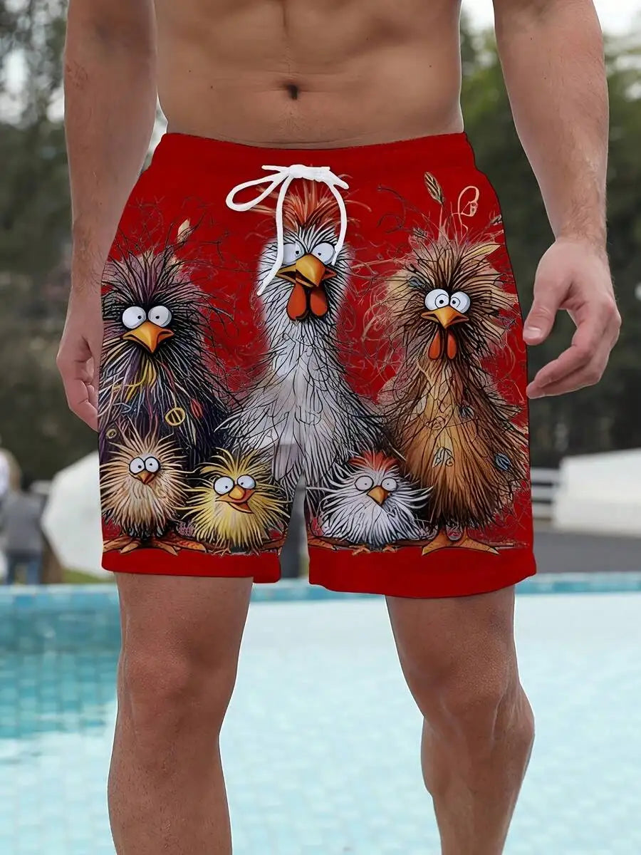Mens Beach Shorts With Cartoon Chicken Print For Summer