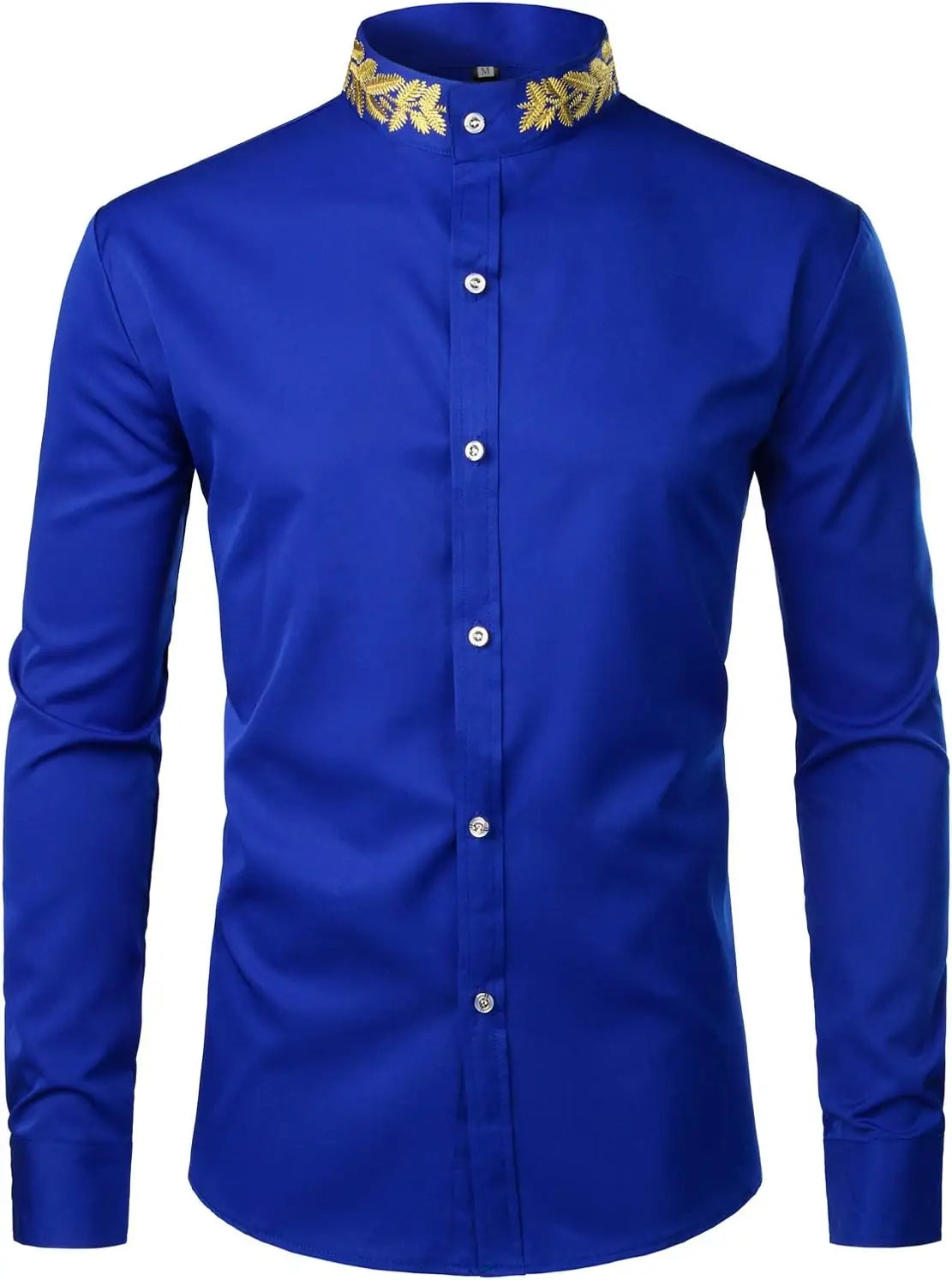 Men's Gold Embroidery Mandarin Collar Slim Fit Long Sleeve Shirt