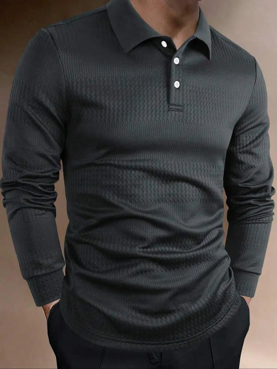 Men's Long Sleeve Textured Knit Polo Shirt - Solid White, Casual Business Wear