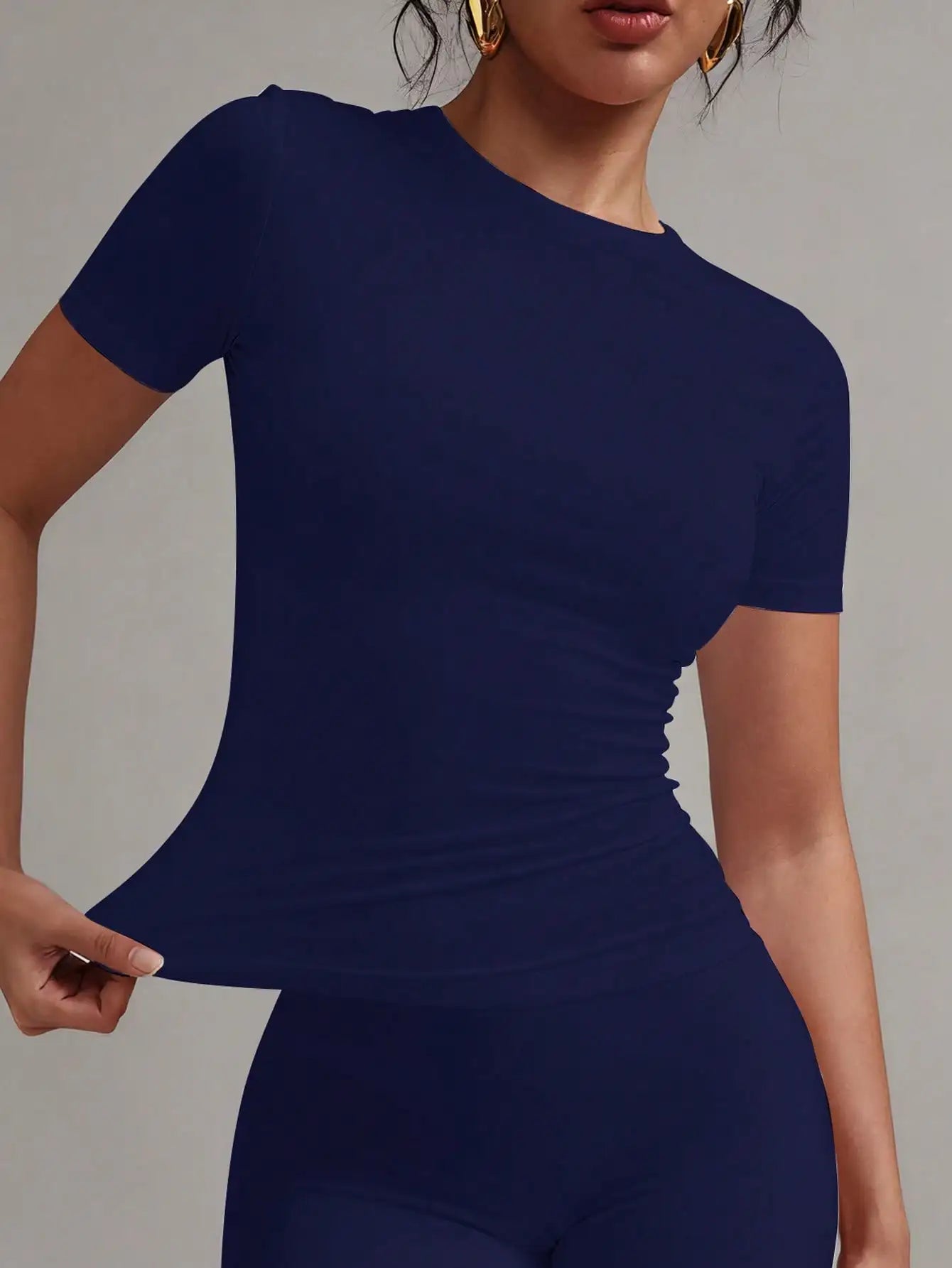 Womens Round Neck Short Sleeve Fitted T Shirt For Summer