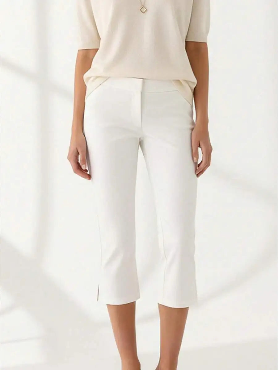 Women Low Rise Capri Pants Solid Slim Fit Cropped Trousers Cotton Blend Casual