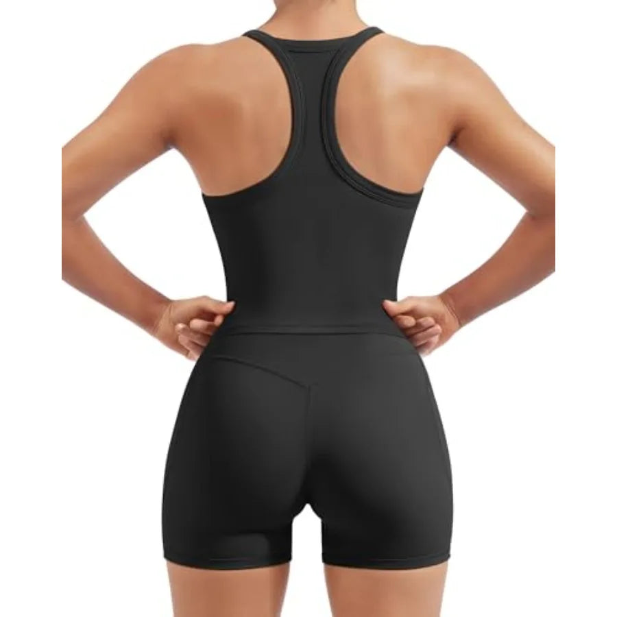 SUUKSESS Women 2 Pcs Workout Sets High Waisted Biker Shorts with Pockets Built in bra Racerback Tank Tops