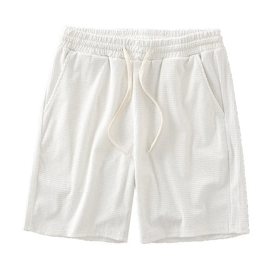 Men Shorts Solid Color Mid Waist Summer Motion Waffle Texture Deep Crotch Drawstring Male Shorts Loose Knee Length Casual Short