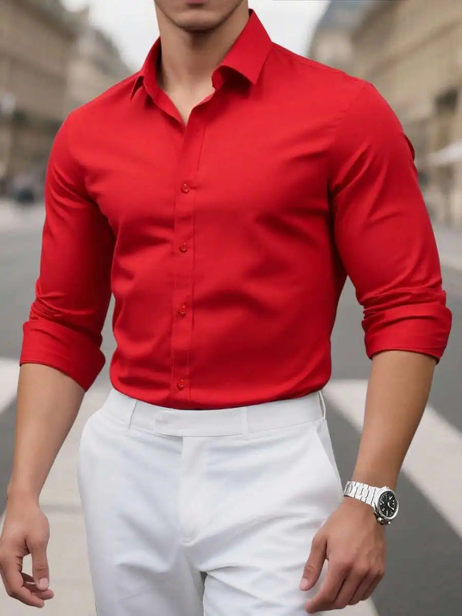 Solid Color Long Sleeve Casual Shirt For Men With Turn Down Collar