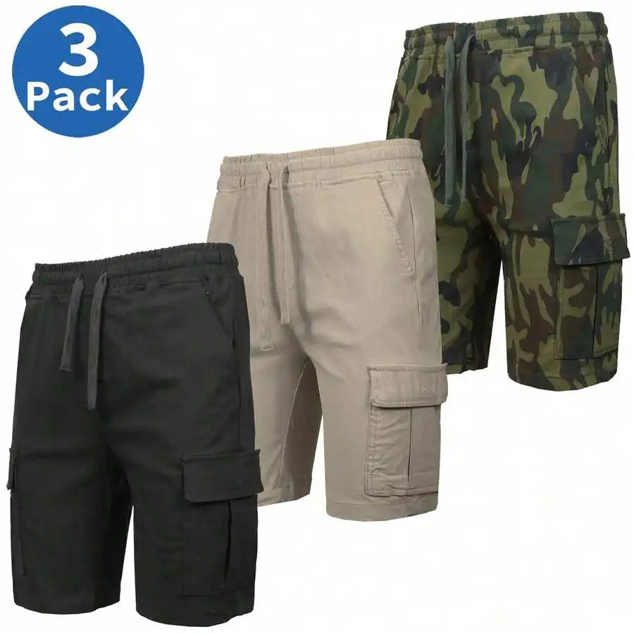 Mens Casual Cargo Shorts Elastic Waist Drawstring Cotton 3 Pack
