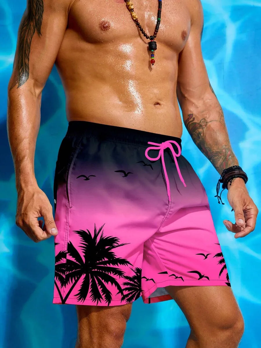 Palm Tree Print Drawstring Beach Shorts For Men Beachwear Holiday