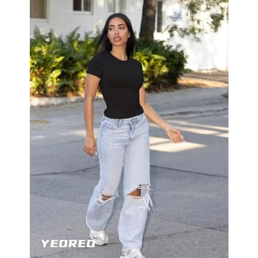 Ease Women Fitted Workout Tops Short Sleeve Double Lined Basic Y2K Going Out Crew Neck Compression Crop Top