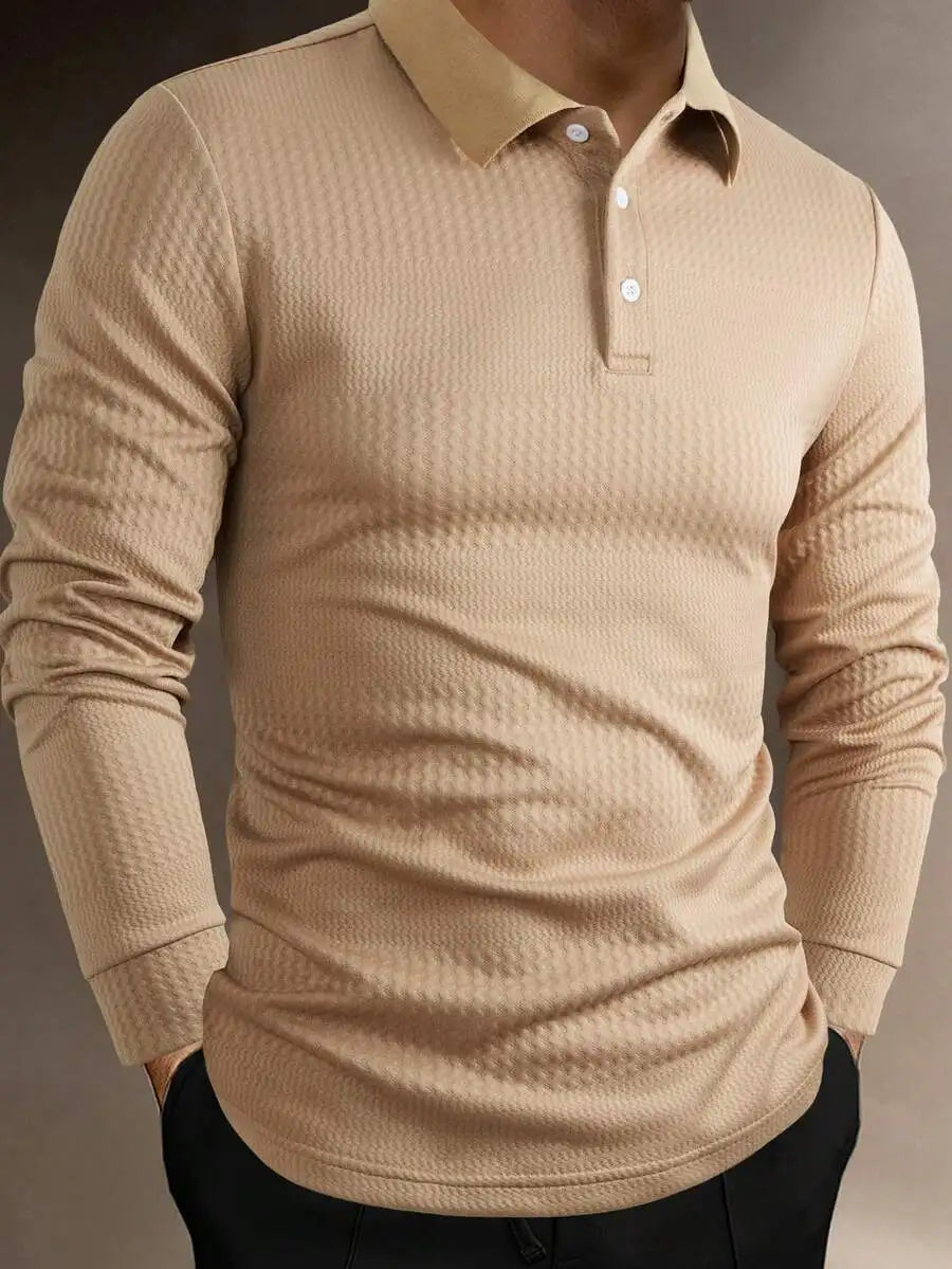Men's Long Sleeve Textured Knit Polo Shirt - Solid White, Casual Business Wear