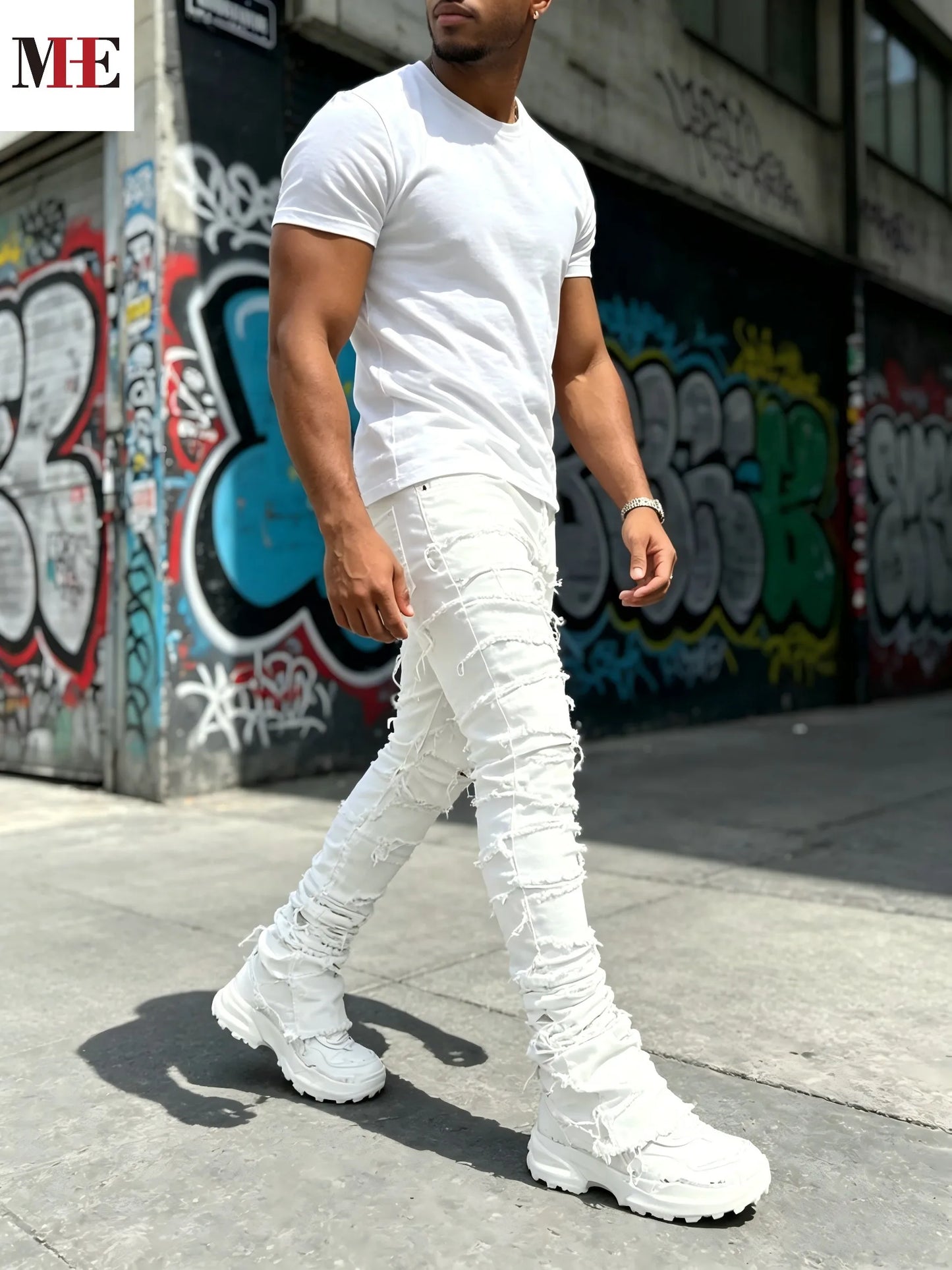 HME Men's White Denim Stacked Ripped Slim Flared Jeans
