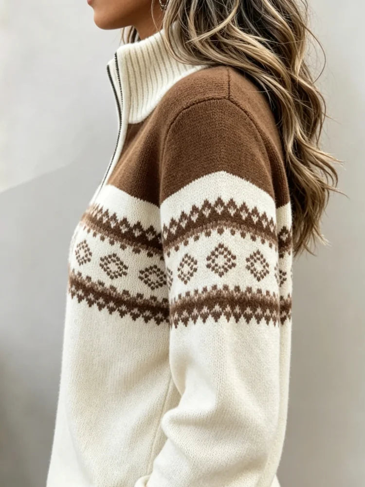 Women's Fair Isle Geometric Jacquard Half Zip Mock Neck Sweater