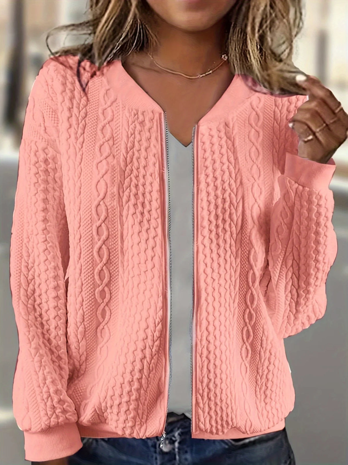 Women Cable Knit Zip Front Cardigan Top For Daily Wear