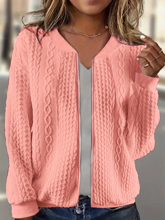 Women Cable Knit Zip Front Cardigan Top For Daily Wear