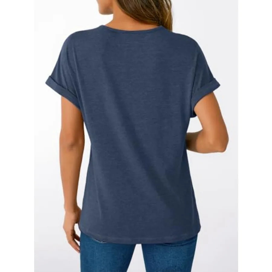 Women Short Sleeve V Neck Henley T Shirt Top Loose Fit Dressy Summer Casual