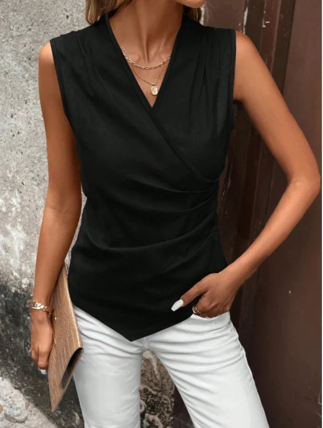Womens Sleeveless V Neck Wrap Blouse With Ruched Asymmetric Hem