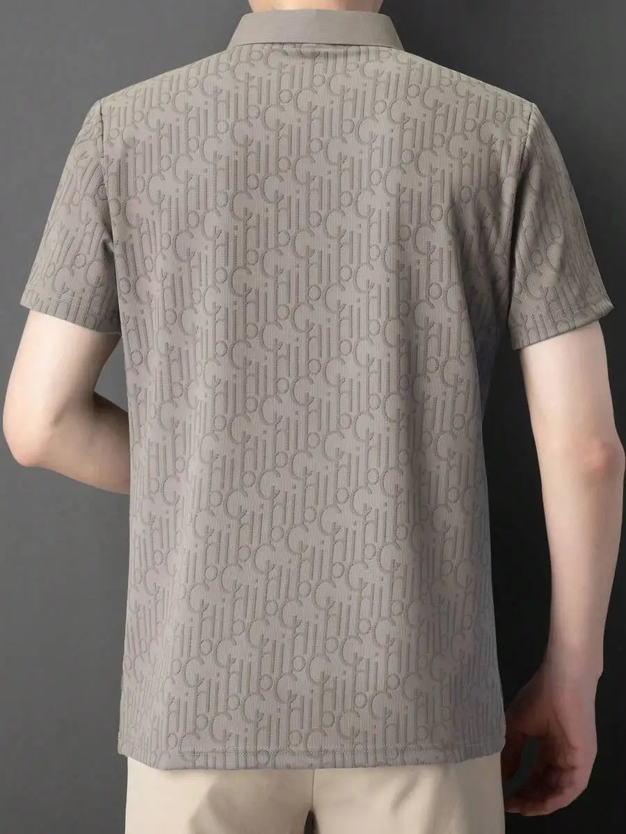 Men's Lightweight Waffle-Textured Letter Print Polo Shirt, Casual Turn-Down Collar
