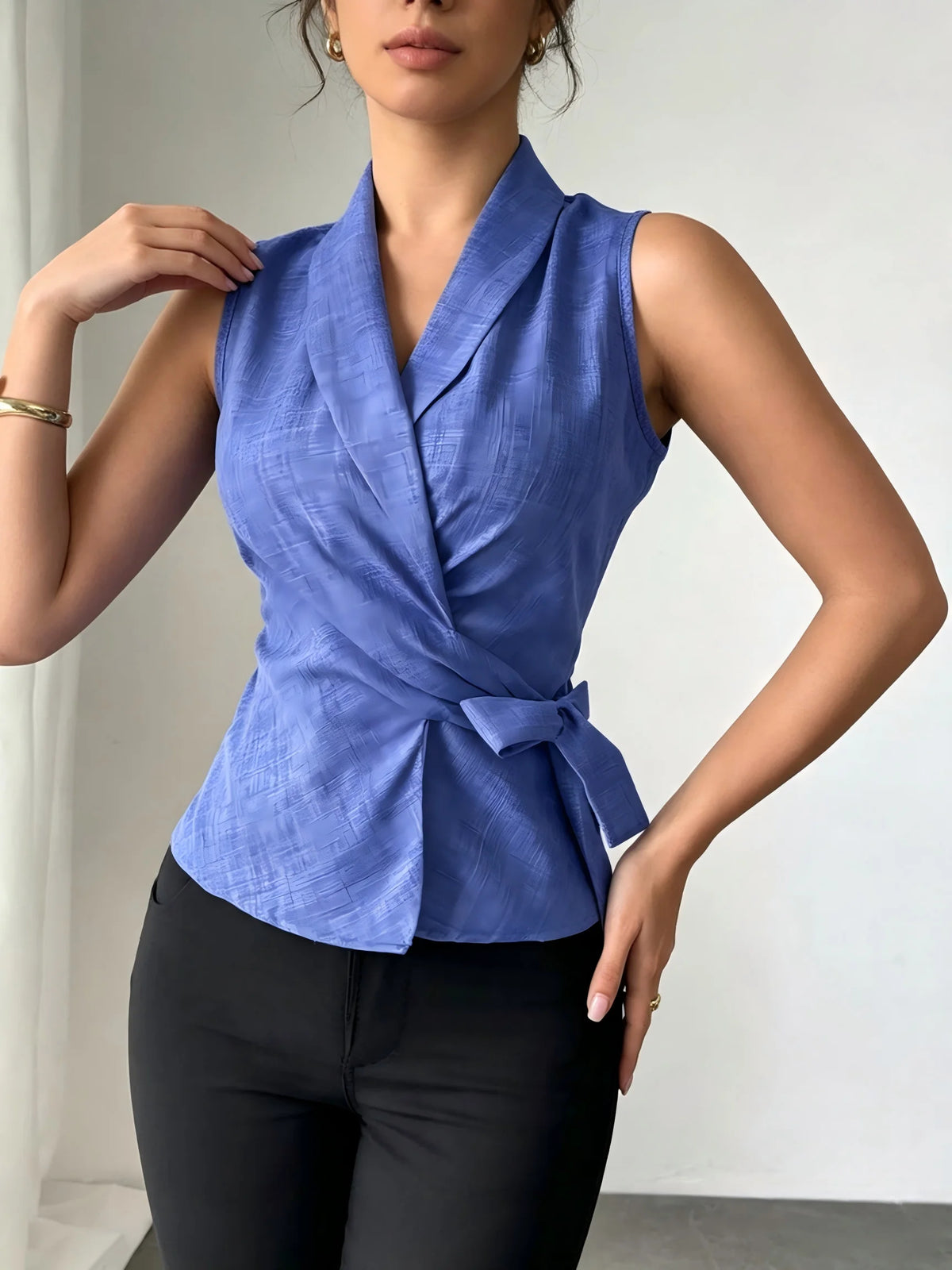 Womens Sleeveless V Neck Wrap Blouse With Adjustable Tie Waist