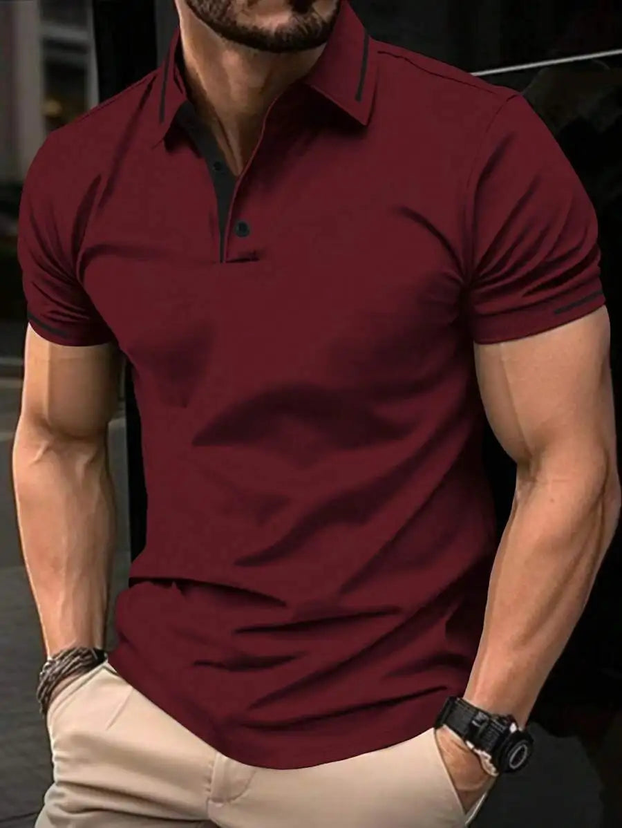 Navy Blue Men's Polo Shirt with Red Trim Collar and Cuffs, Short Sleeve Casual Summer Top