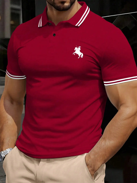 Men's Red Short Sleeve Polo Shirt with White Trim and Horse Graphic