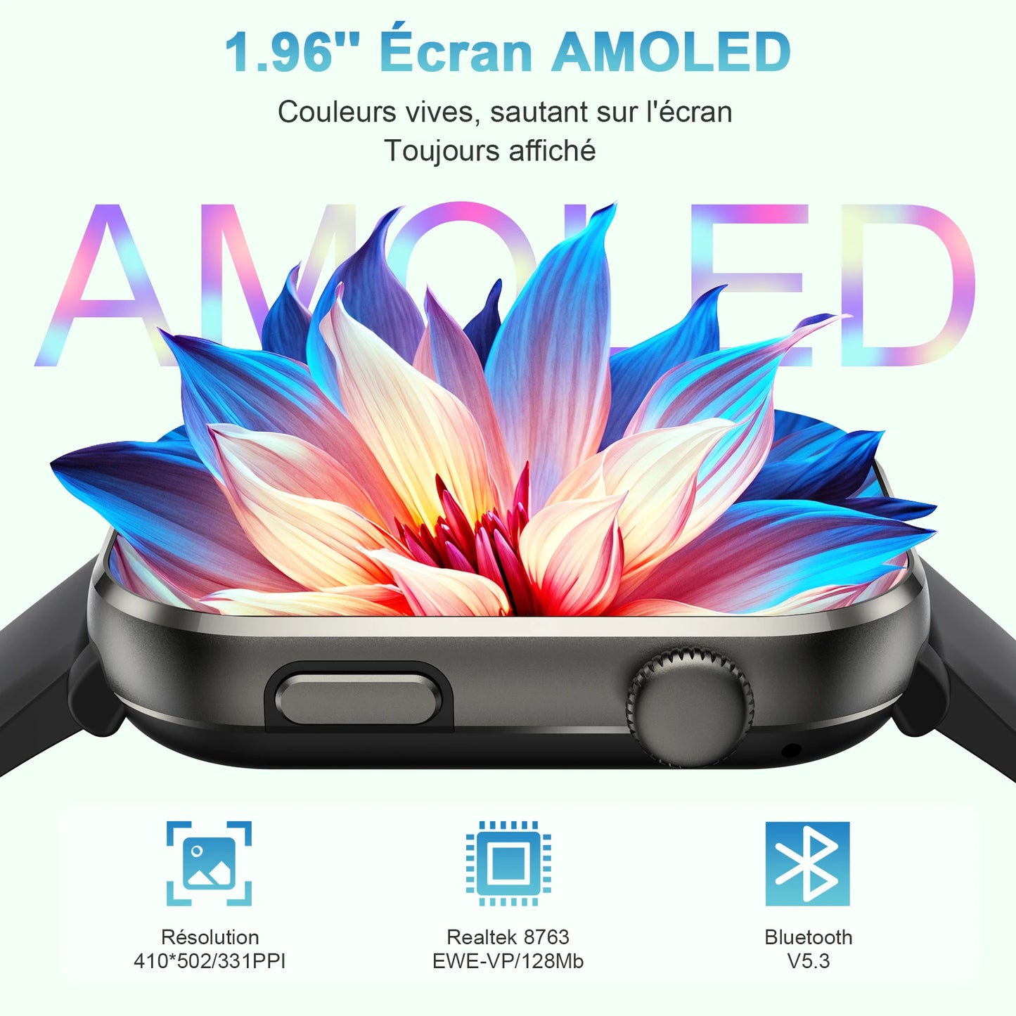 Blackview 800mAh 1.96'' AMOLED Screen R60 Bluetooth Call Smartwatch Blood Oxygen Health Monitoring for Men Women Fitness Tracker