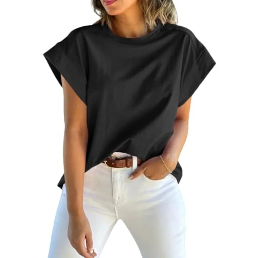Tankaneo Women's Summer Cap Sleeve Tank Top Crew Neck Tee