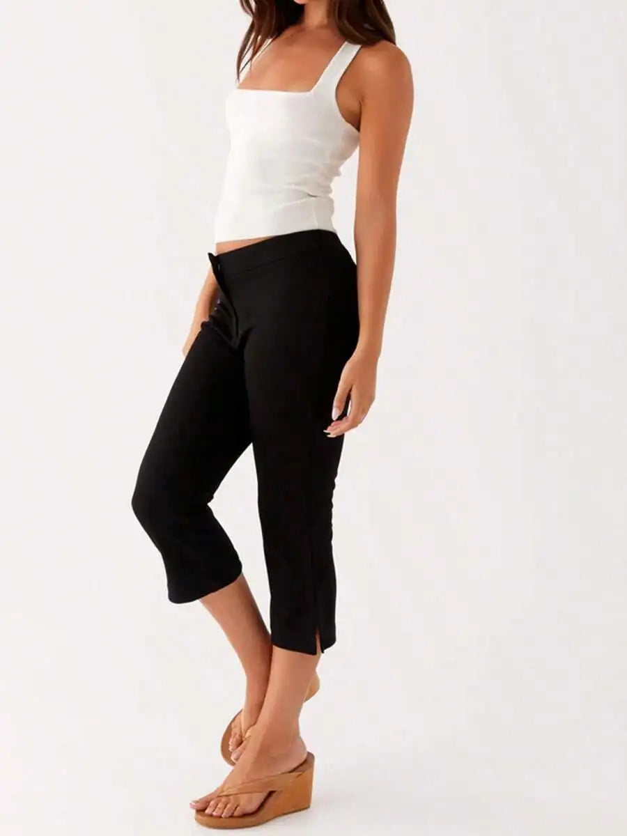 Women Low Rise Capri Pants Solid Slim Fit Cropped Trousers Cotton Blend Casual