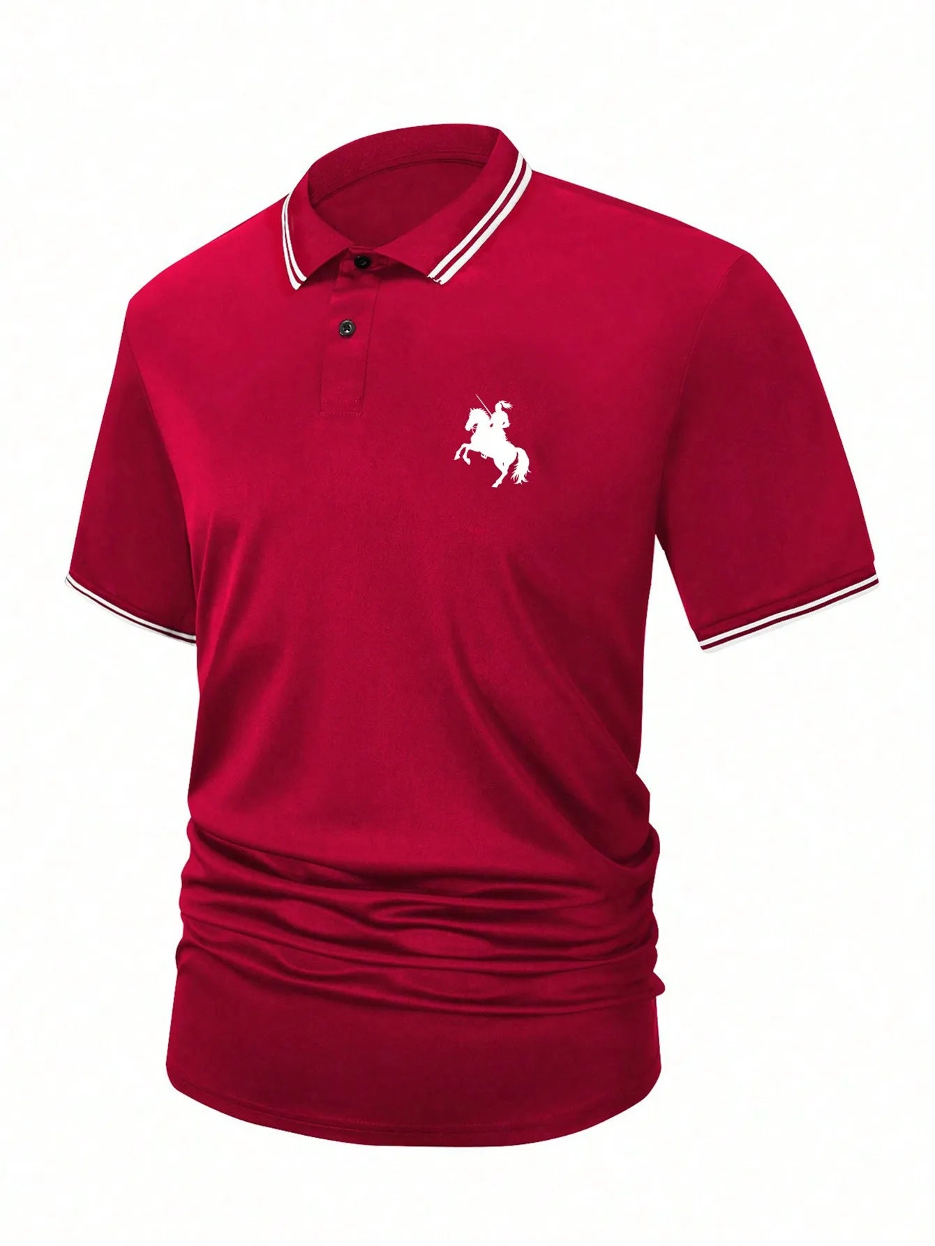 Men's Red Short Sleeve Polo Shirt with White Trim and Horse Graphic