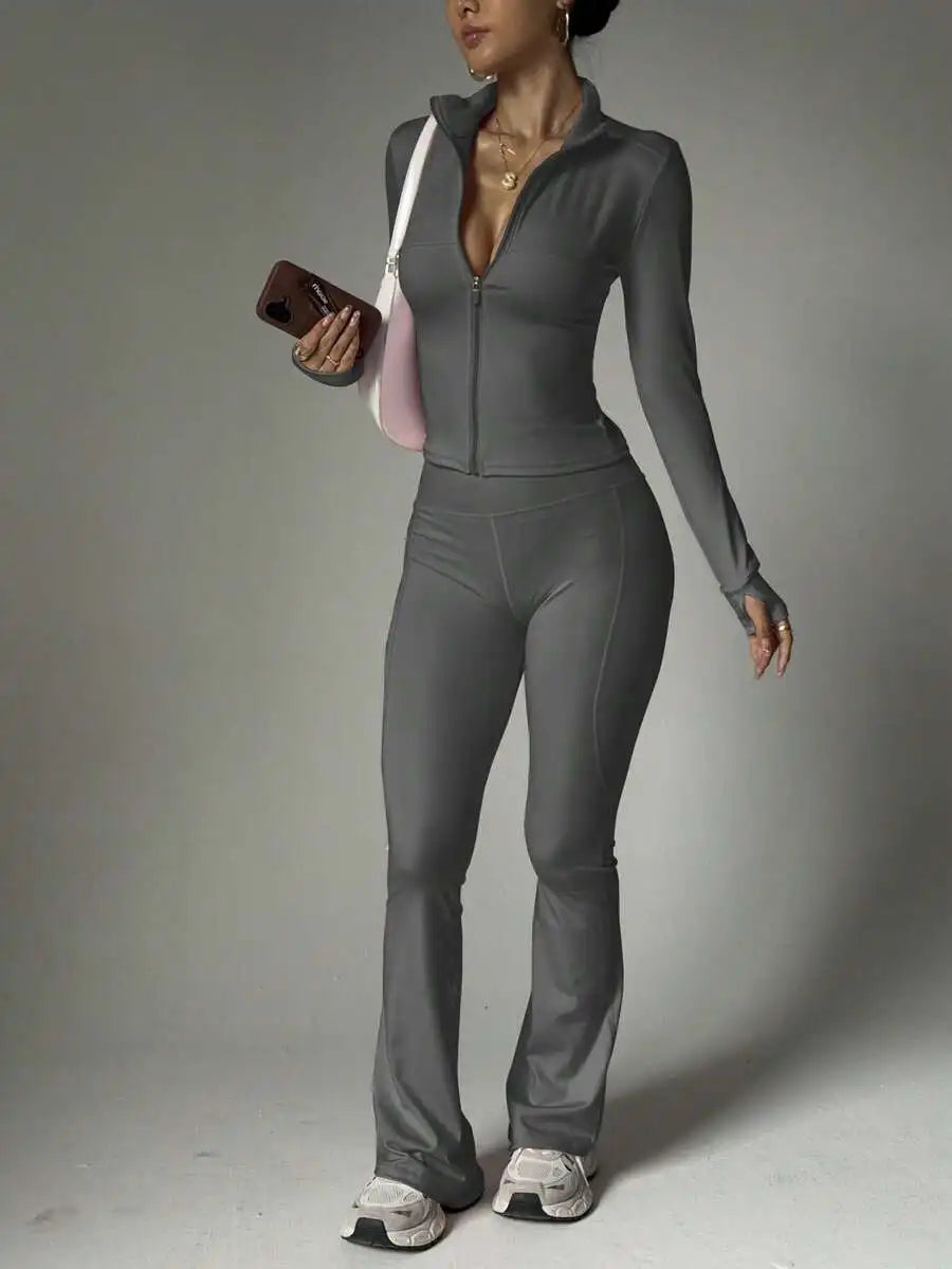 Women Solid Seamless Sports Set Elastic Jacket With Butt Lifting Leggings