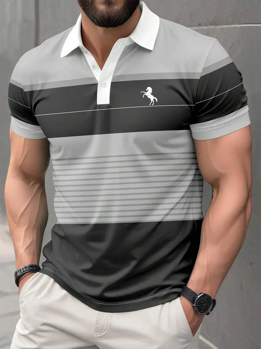 Men's Casual Striped Short Sleeve Polo Shirt with Horse Logo