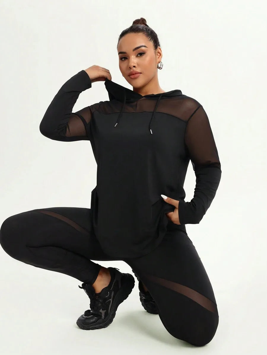 Plus Size Mesh Splice Hooded Sheer Long Sleeve Top And Leggings Activewear Set