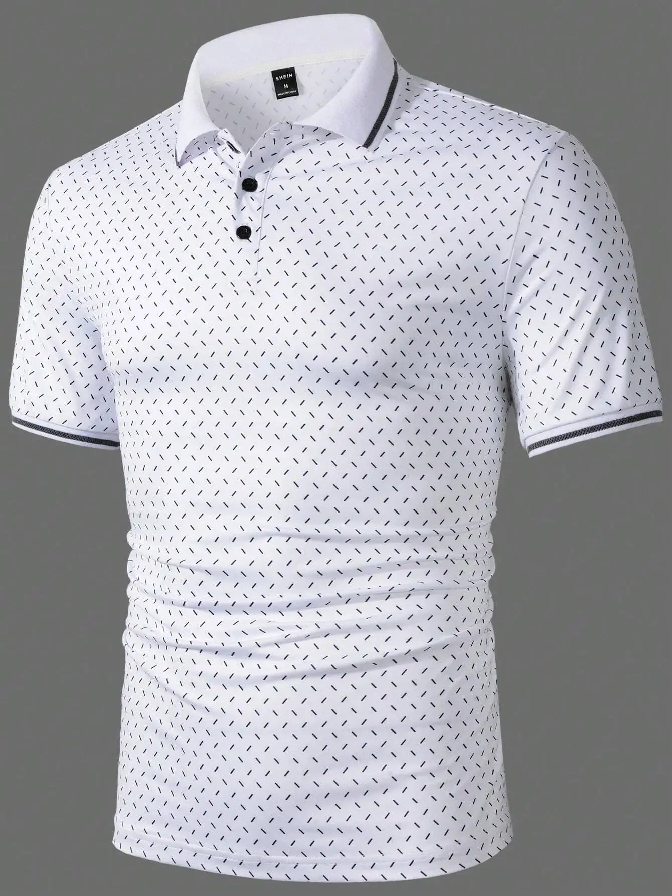 Men's White Short Sleeve Polo Shirt with Geometric Dot Pattern, Casual Workwear