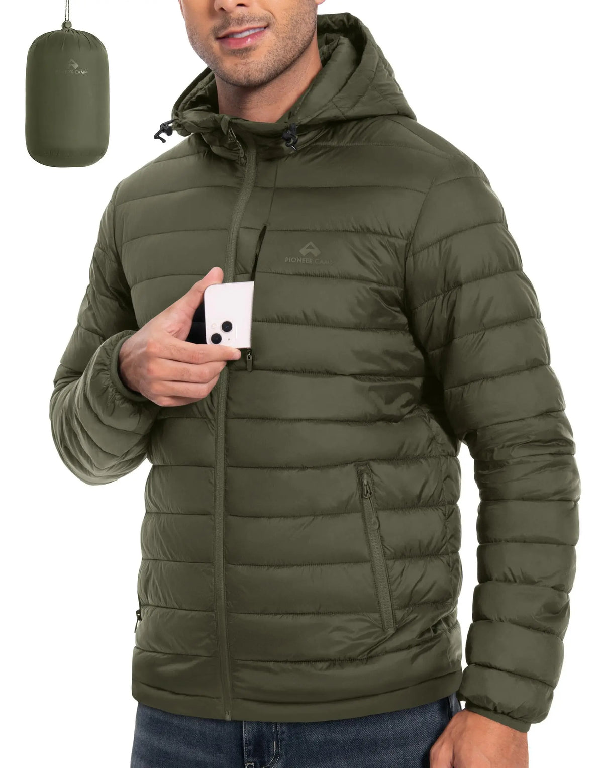 Pioneer Camp Men's Lightweight Hooded Packable Insulated Puffer Jacket for Hiking