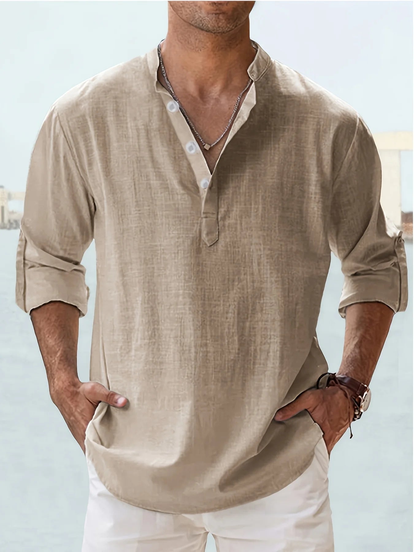 Men's Loose Fit Solid Long Sleeve Linen Collar Shirt
