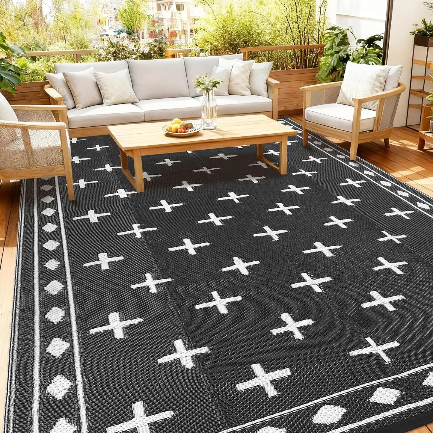 Outdoor Rug, Reversible Waterproof Plastic Straw Patio Mat with Geometric Border Design, Large RV Camping Rug for Deck, Balcony