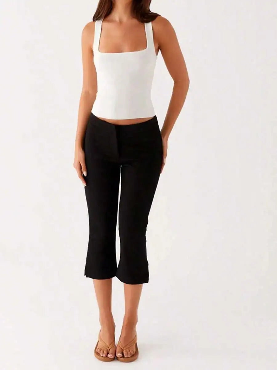 Women Low Rise Capri Pants Solid Slim Fit Cropped Trousers Cotton Blend Casual