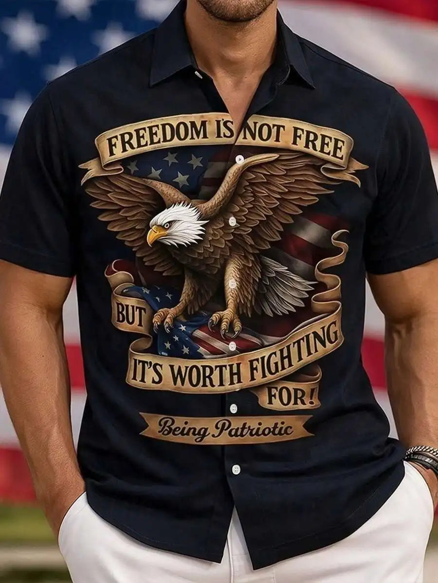Patriotic American Flag Print Men's Short Sleeve Button Up Shirt