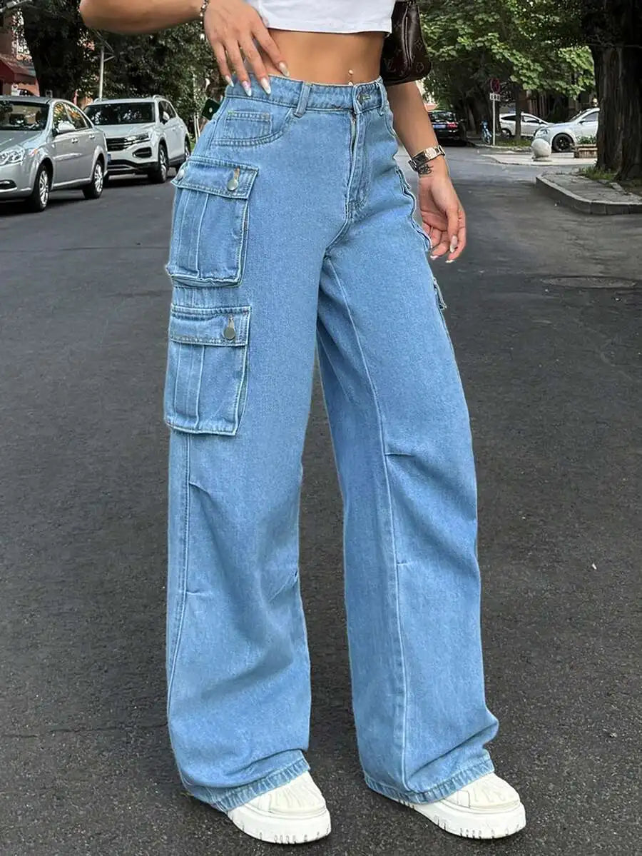 High-Waisted Wide Leg Cargo Denim Pants For Women