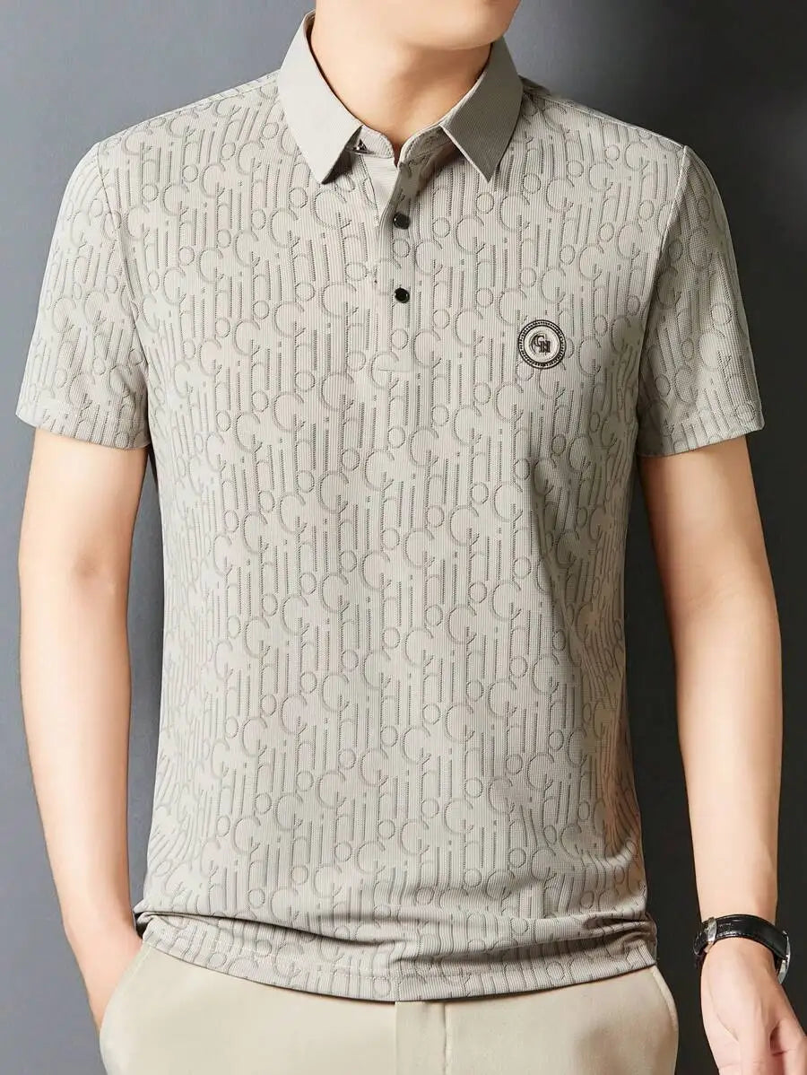 Men's Lightweight Waffle-Textured Letter Print Polo Shirt, Casual Turn-Down Collar
