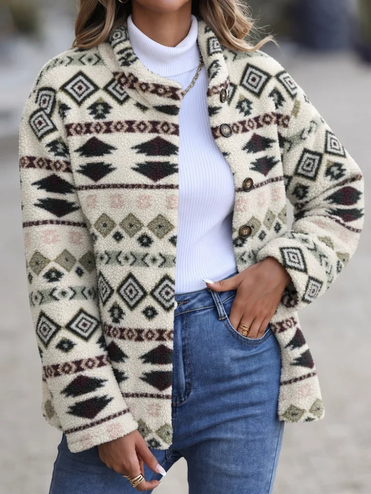 Women's Fleece Winter Jacket with Windproof Design and Button Closure