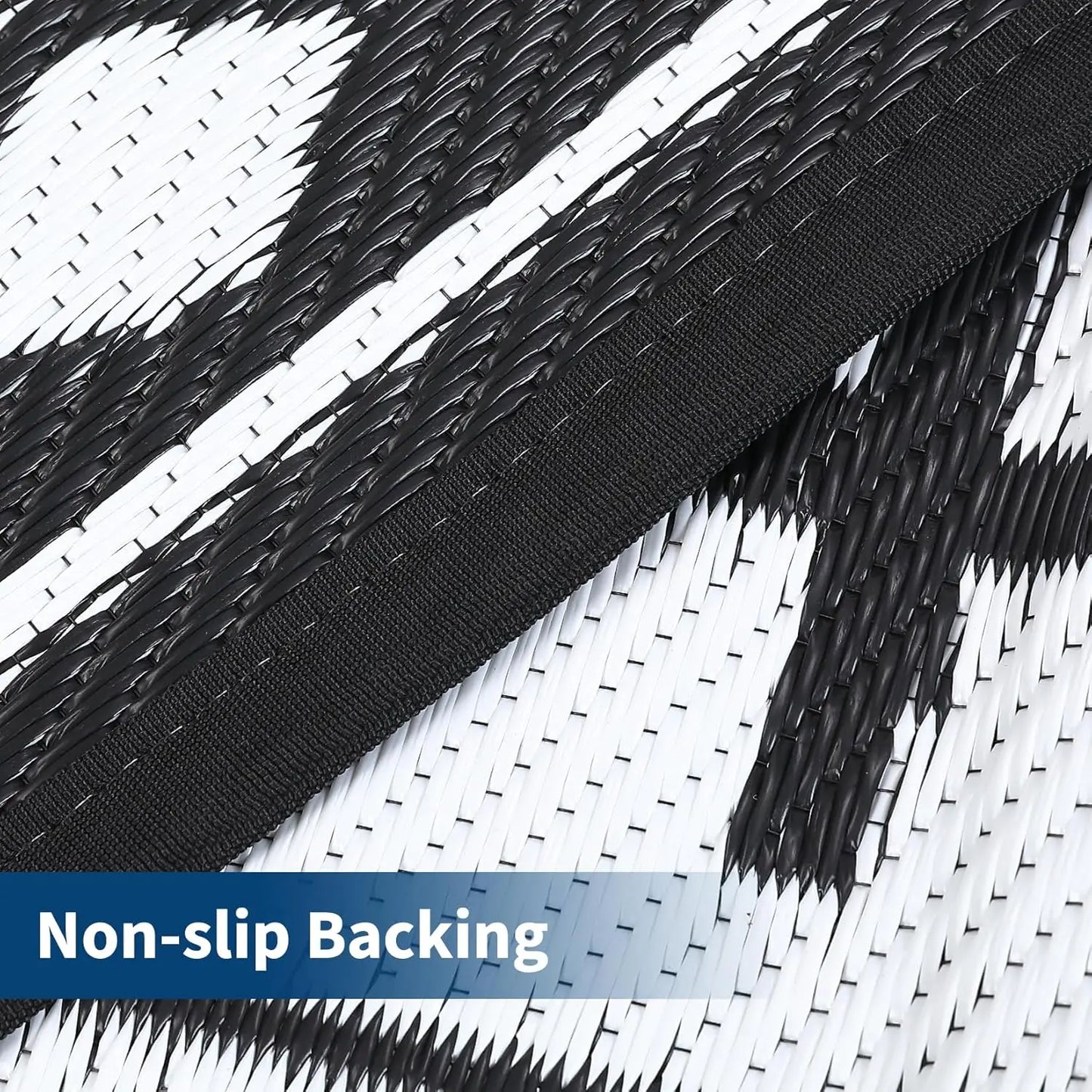 Outdoor Rug, Reversible Waterproof Plastic Straw Patio Mat with Geometric Border Design, Large RV Camping Rug for Deck, Balcony