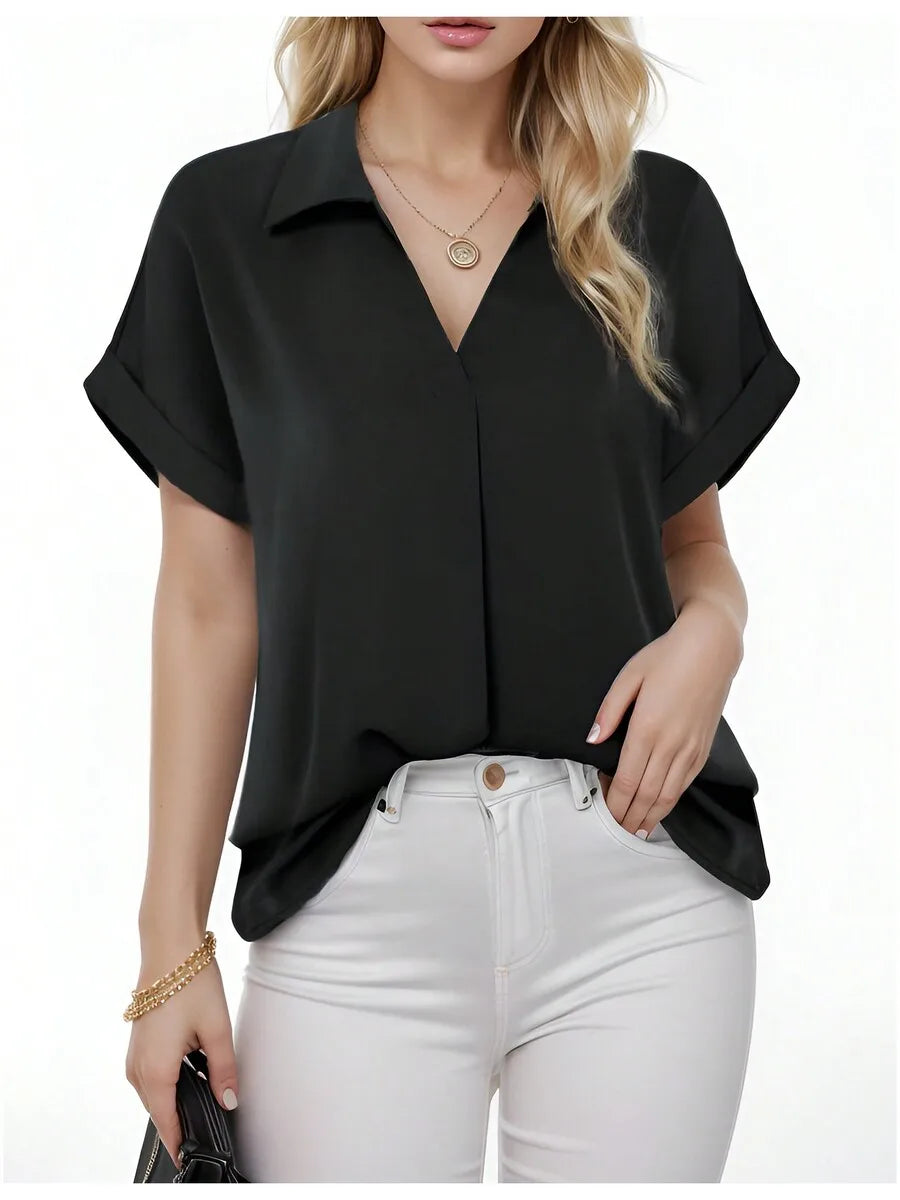Womens Chiffon Short Sleeve Shirt With Turn Down Collar