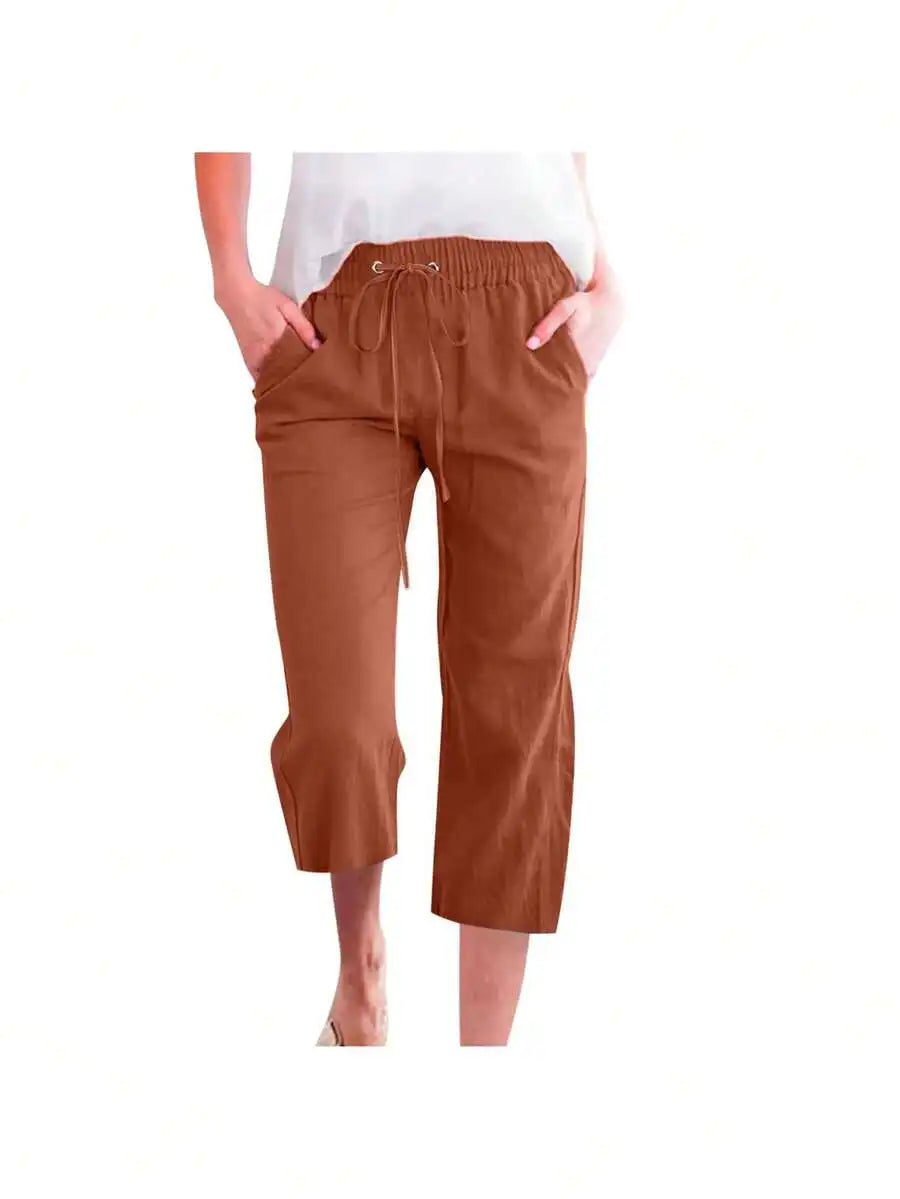 Womens Summer Elastic High Waist Linen Cotton Blend Drawstring Capris