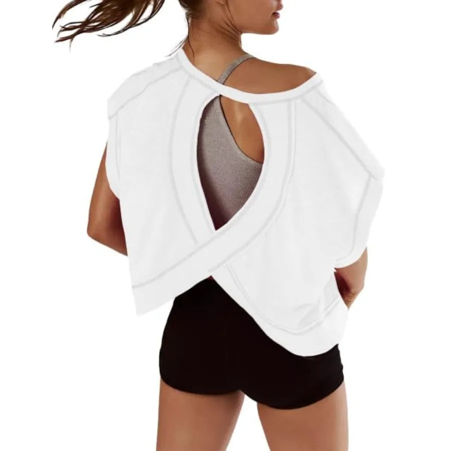 Kumufenc Women Short Sleeve Workout Shirts Open Back Tops Casual Yoga Y2k Athletic Gym Slouchy Crop Running Tees