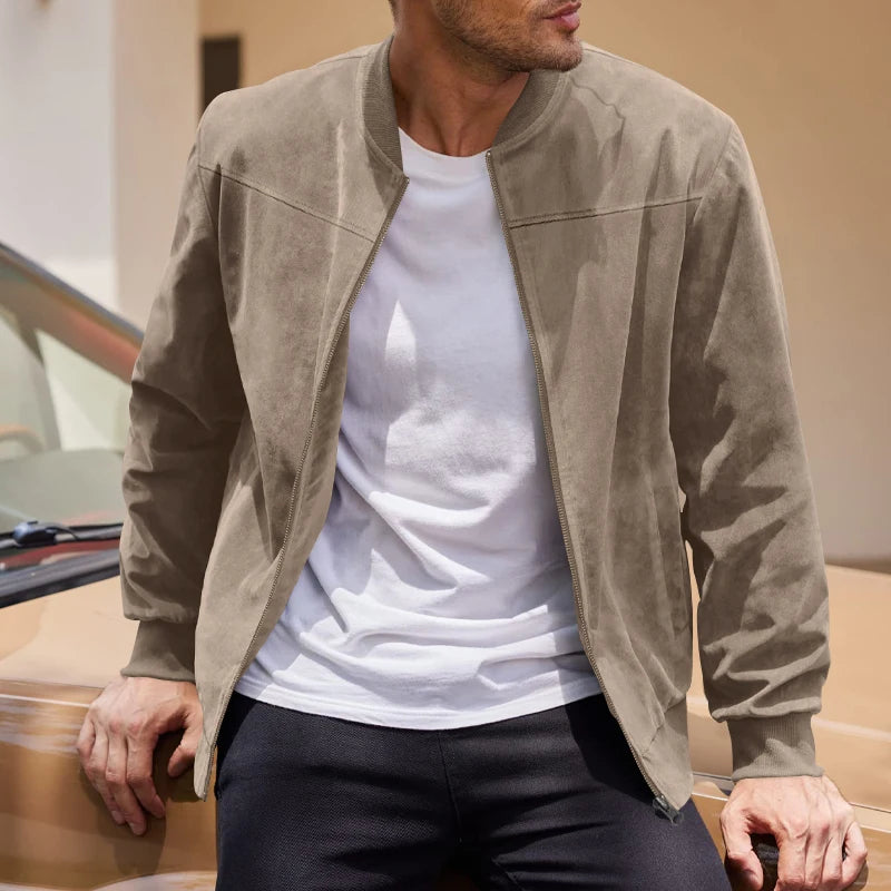 Men's suede nap fabric casual jacket Round neck zipper Solid color Sport Bomber Jacket Casual edition sports and golf fashion