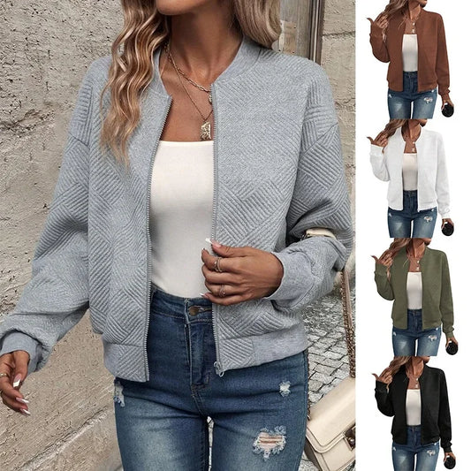 Ladies Casual Zipper Jacket With Classic Baseball Collar Outerwear