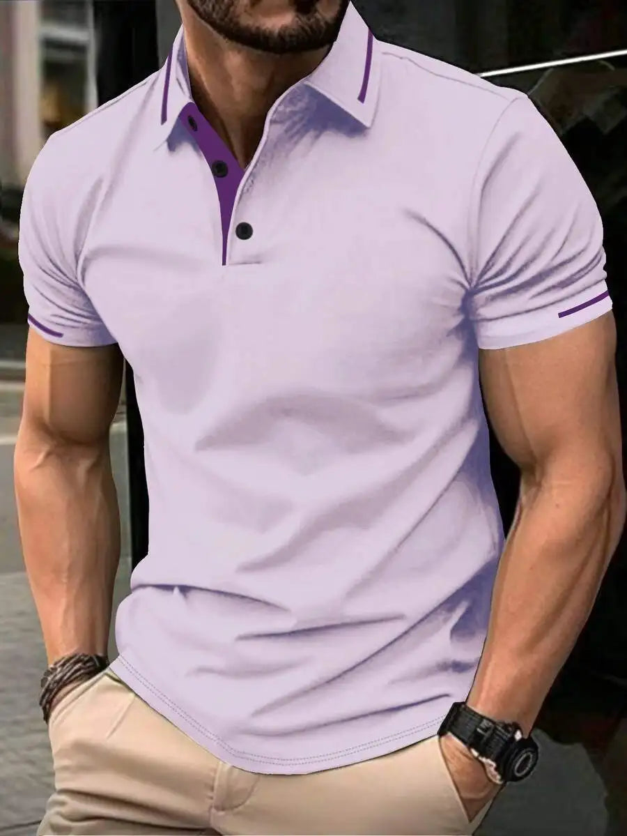 Navy Blue Men's Polo Shirt with Red Trim Collar and Cuffs, Short Sleeve Casual Summer Top
