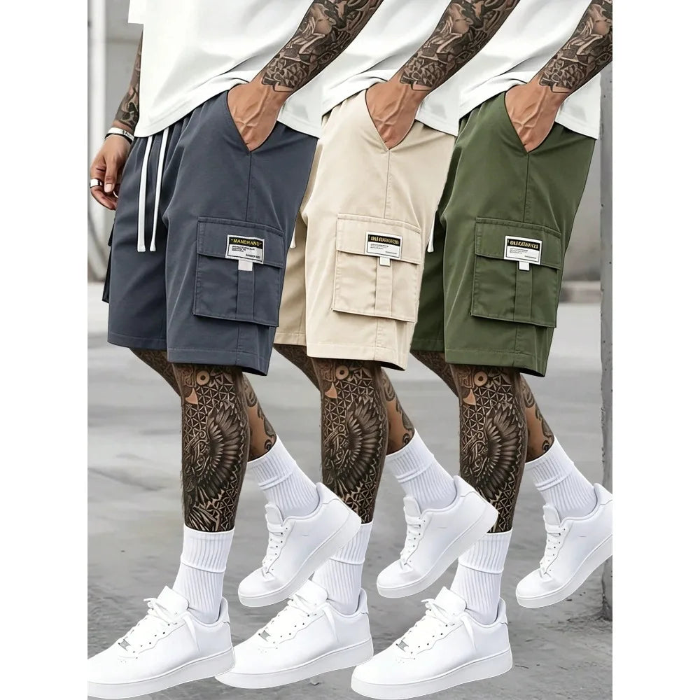 3-Pack Of Men's Casual Summer Shorts, 6-Pocket Men's Multi-Pocket Shorts, Elastic Waistband With Drawstring Design, 3D Patch Pockets, Cargo Pockets, Casual And Stylish Shorts.