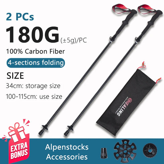 Okhealing Ultralight Carbon Fiber Trekking Poles Telescopic Folding