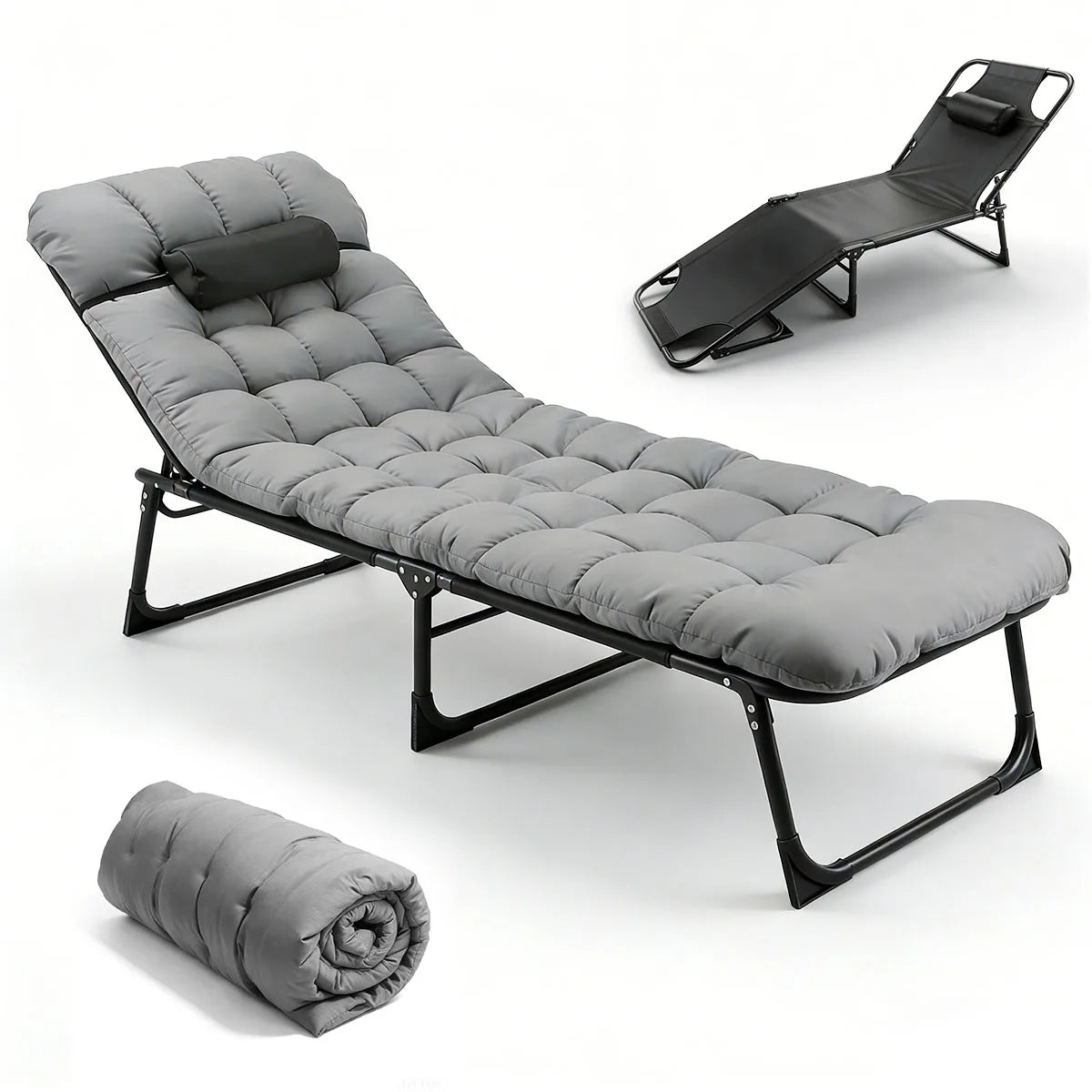 Portable Folding Camping Lounge Chair With Cushion, 3-Position Reclining