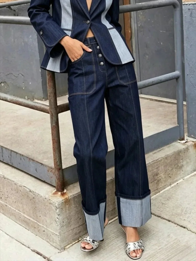 Women's Patchwork Denim Pants High Waisted Straight Leg Trousers